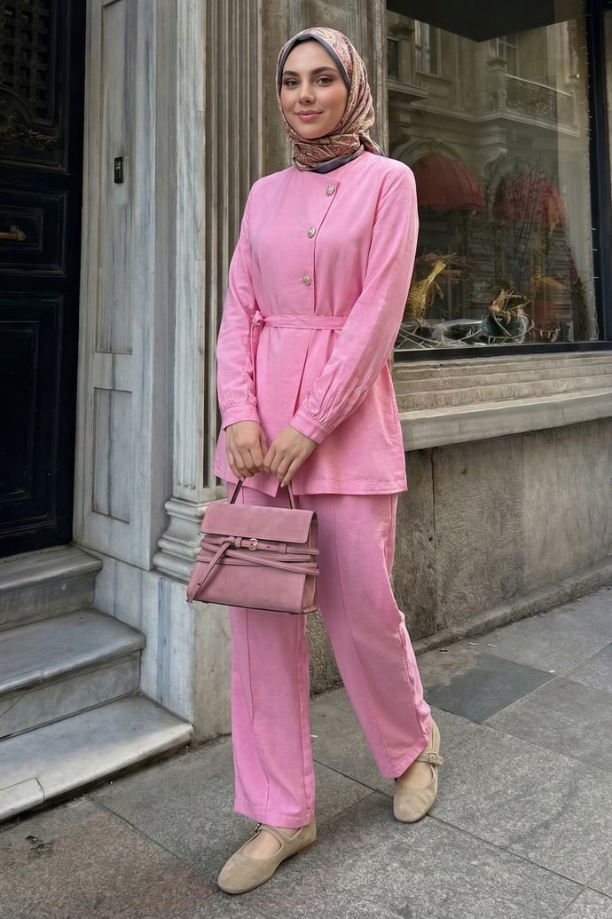 Üç Düğmeli Kuşaklı Pembe Modal Takım