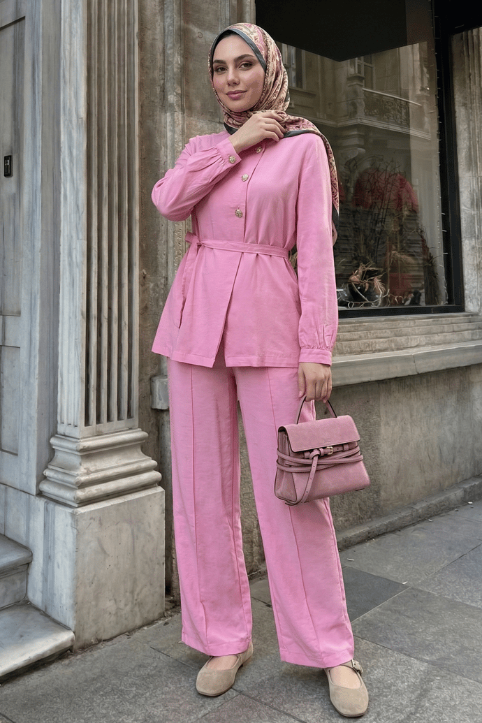 Üç Düğmeli Kuşaklı Pembe Modal Takım