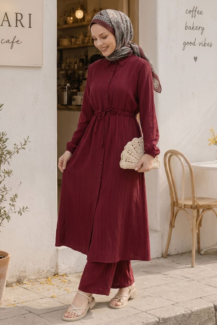 Uzun Tunikli Pantolonlu Kaş Bordo Takım