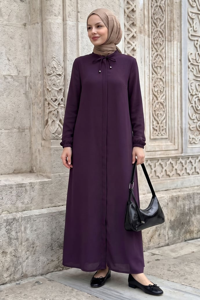 Yakası Bağcıklı Gizli Patlı Mürdüm Ferace