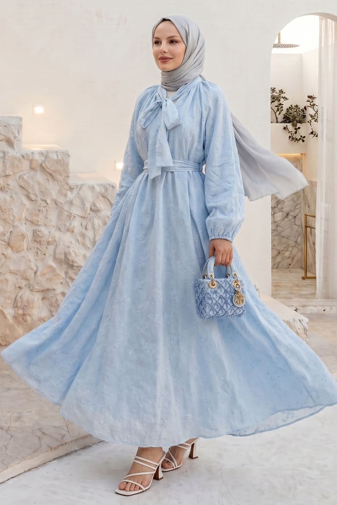 Yakası Bağcıklı Kuşaklı Bebe Mavisi Elbise