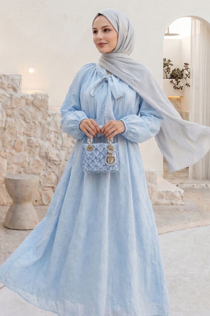 Yakası Bağcıklı Kuşaklı Bebe Mavisi Elbise