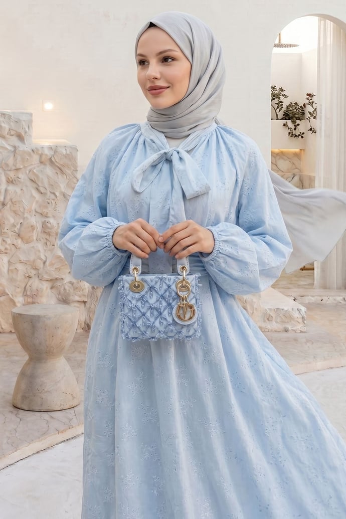 Yakası Bağcıklı Kuşaklı Bebe Mavisi Elbise