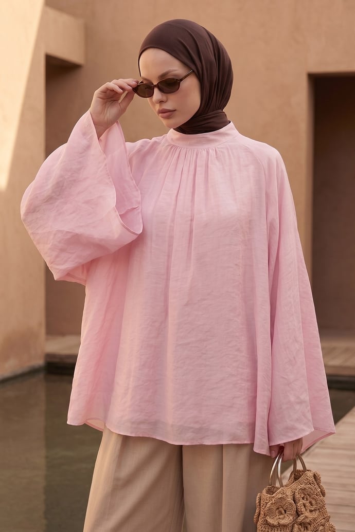 Yakası Büzgülü Pembe Geniş Kol Bluz