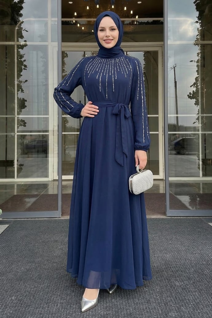 Yakası Kolları Taşlı Lacivert Abiye