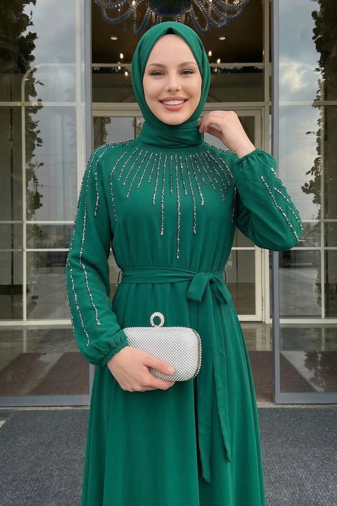 Yakası Kolları Taşlı Yeşil Abiye
