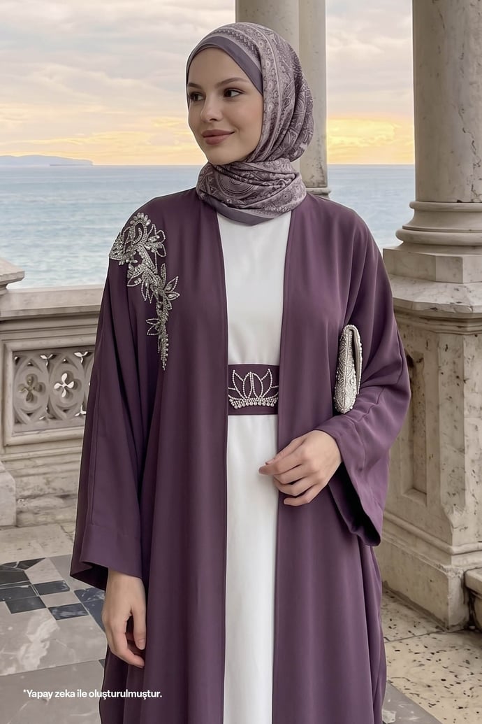 Yakası Taşlı Yarasa Kol Elbiseli Abaya Gül Kurusu