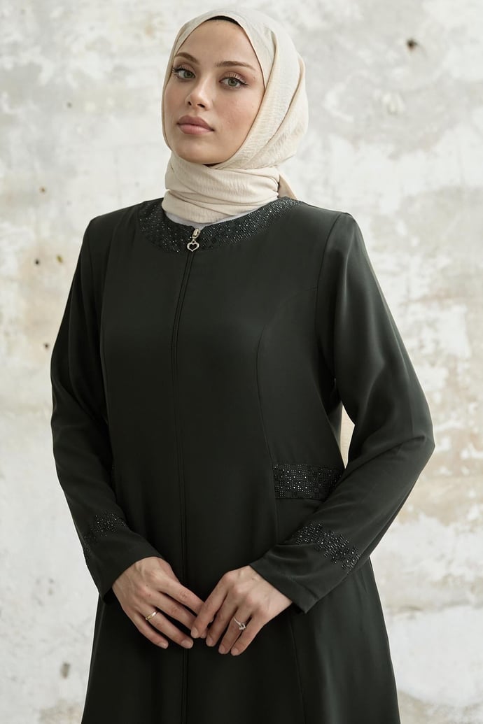 Yakası Ve Kolu Taşlı Haki Ferace