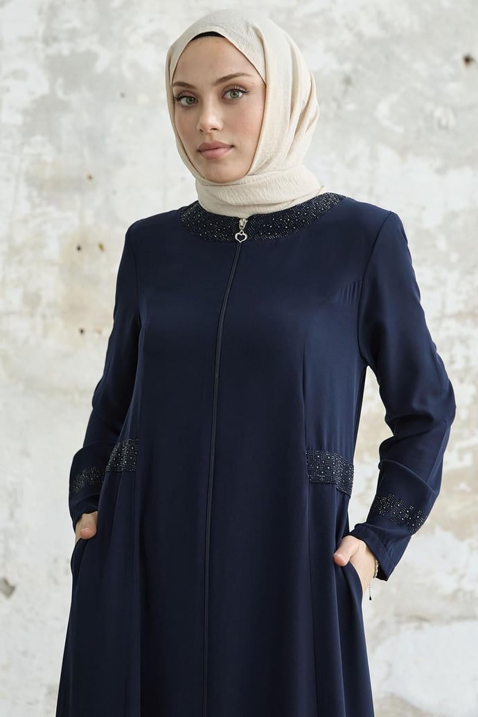 Yakası Ve Kolu Taşlı Lacivert Ferace