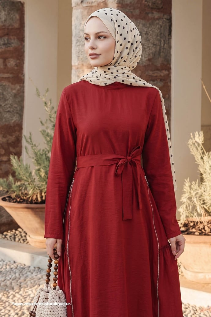 Yandan Fermuar Detaylı Modal Bordo Elbise