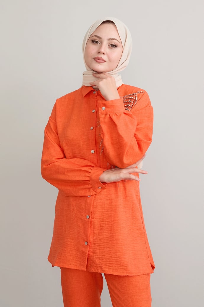 Yaprak Taş İşleme Oranj Keten Takım