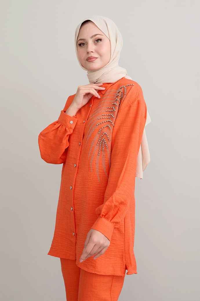 Yaprak Taş İşleme Oranj Keten Takım