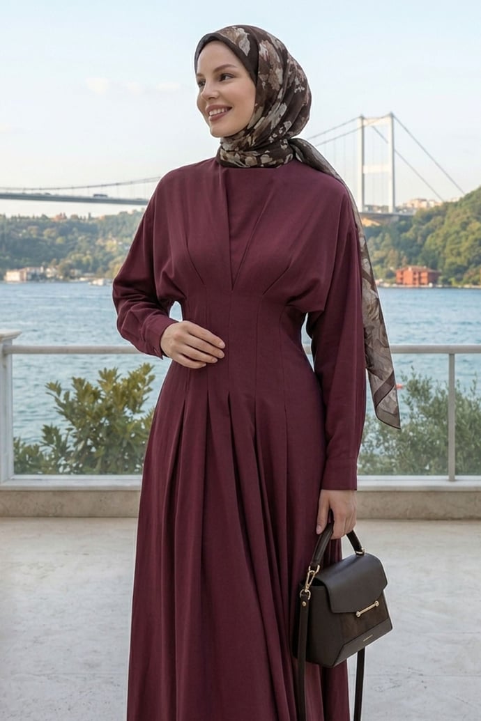 Yarasa Kol Kuşaklı Bordo Elbise