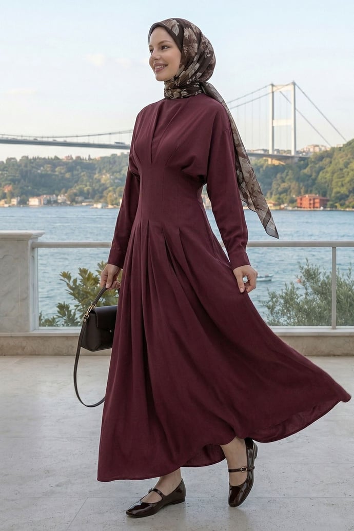 Yarasa Kol Kuşaklı Bordo Elbise