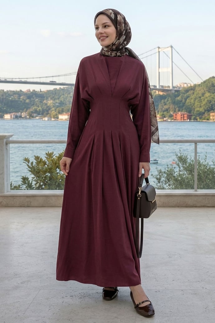 Yarasa Kol Kuşaklı Bordo Elbise