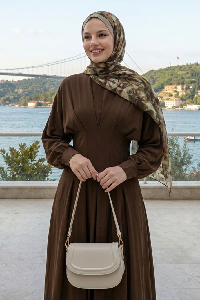 Yarasa Kol Kuşaklı Kahverengi Elbise