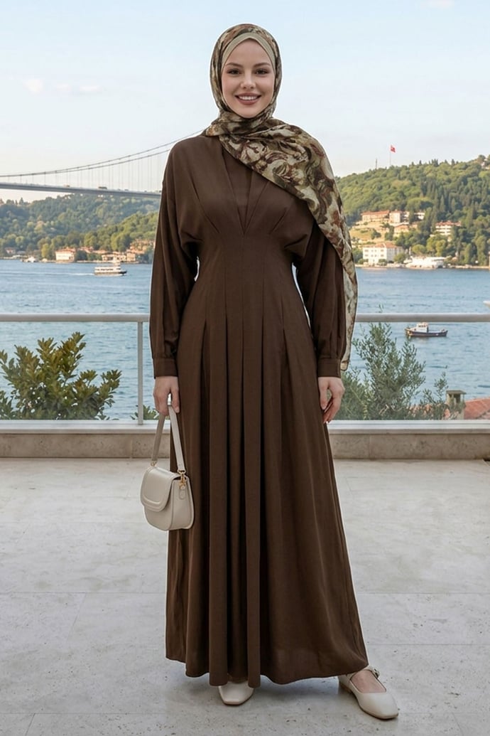 Yarasa Kol Kuşaklı Kahverengi Elbise