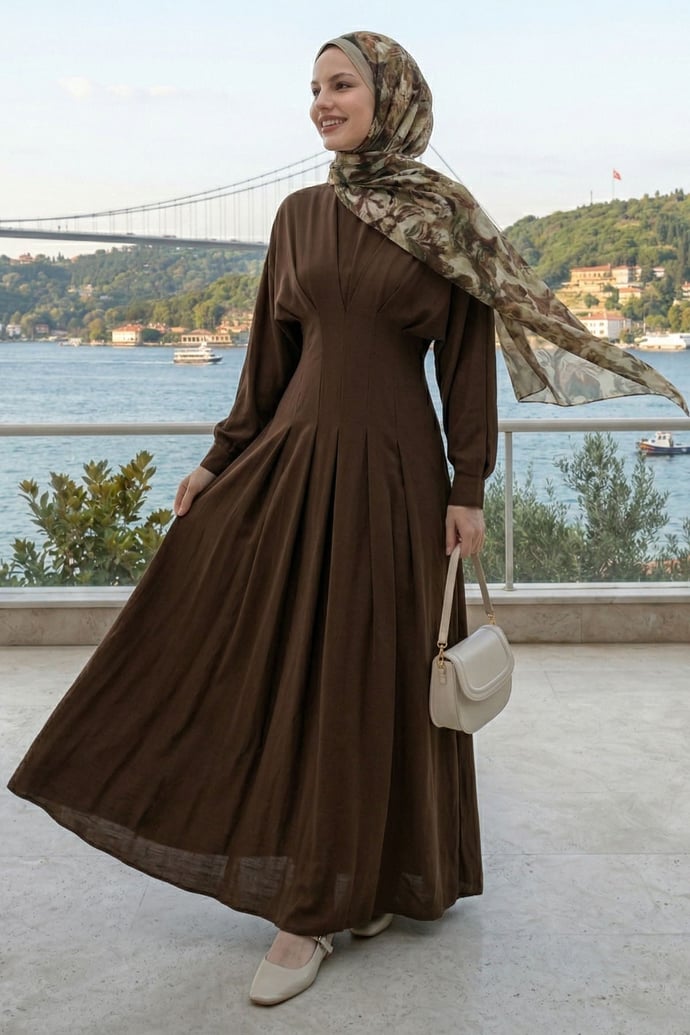Yarasa Kol Kuşaklı Kahverengi Elbise