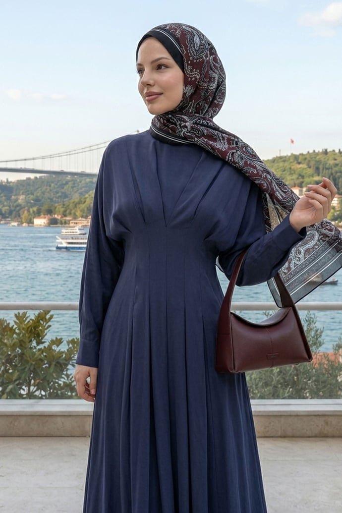 Yarasa Kol Kuşaklı Lacivert Elbise