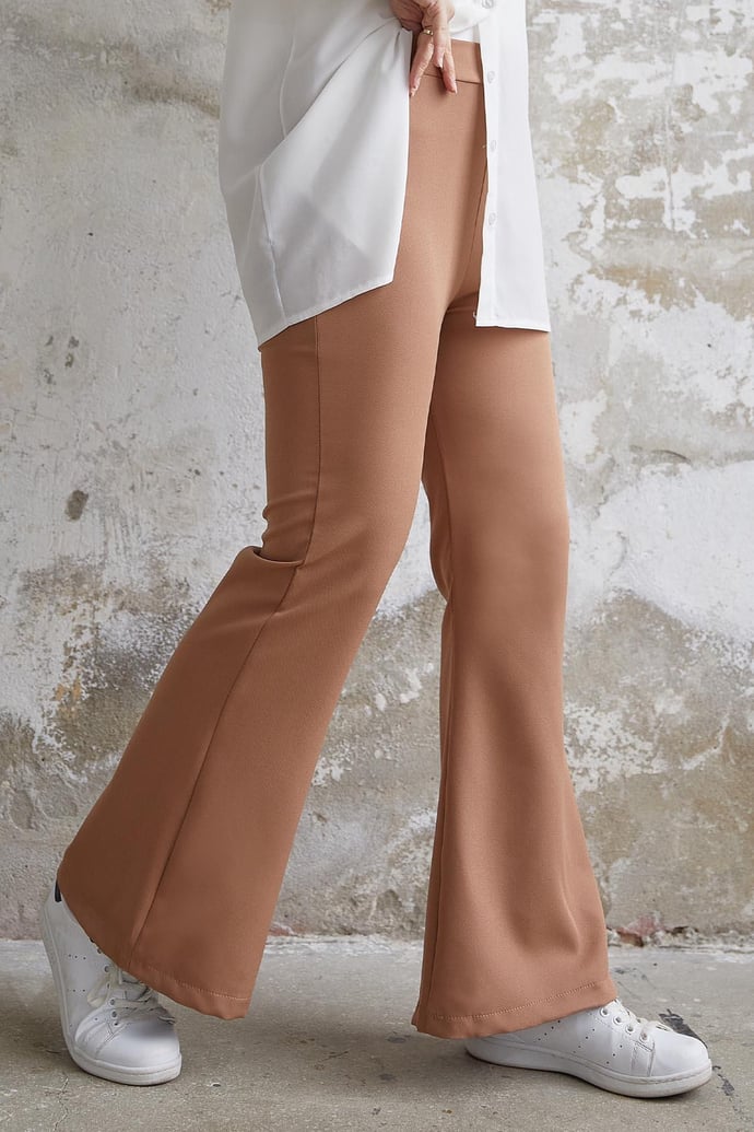 High-Waisted Bell-Bottom Double-Fabric Trousers - Camel