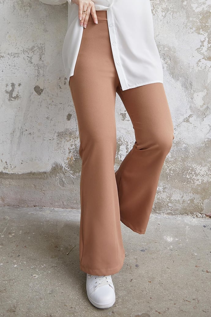 High-Waisted Bell-Bottom Double-Fabric Trousers - Camel