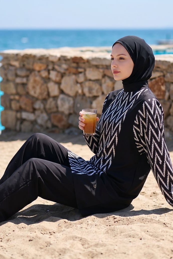 Zikzak Desen 4 Parça Siyah Tesettür Mayo 6249A