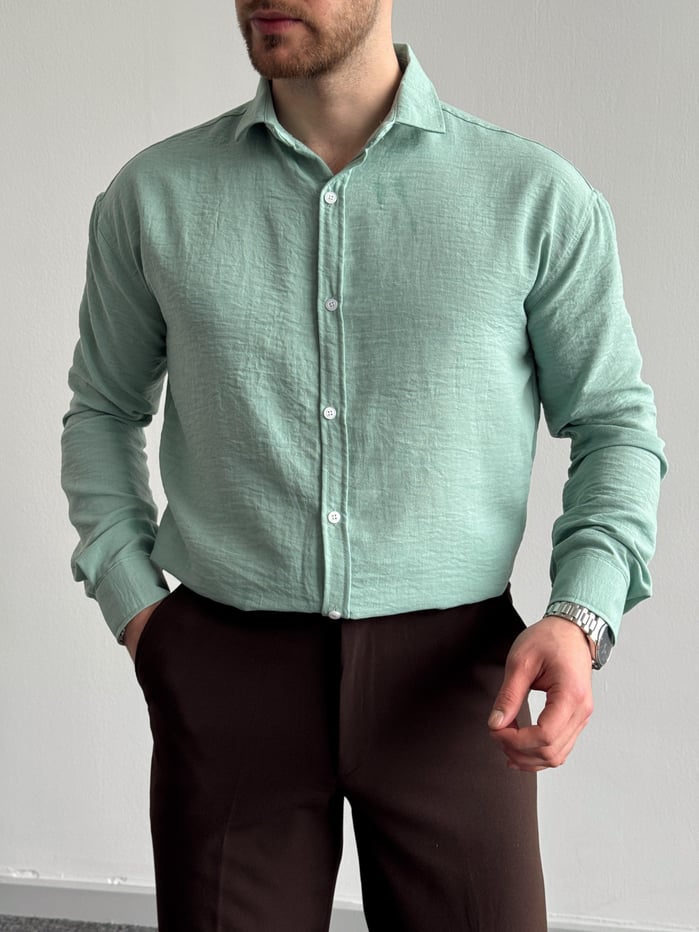 Erkek Premium Kalite Oversize Kalıp Kolay Ütü Teri Emen Dokulu Gömlek-Mint(E1284)