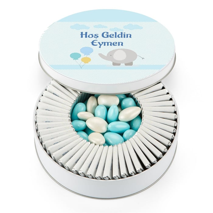 İsme Özel Erkek Bebek Çikolatası Yuvarlak Kutu