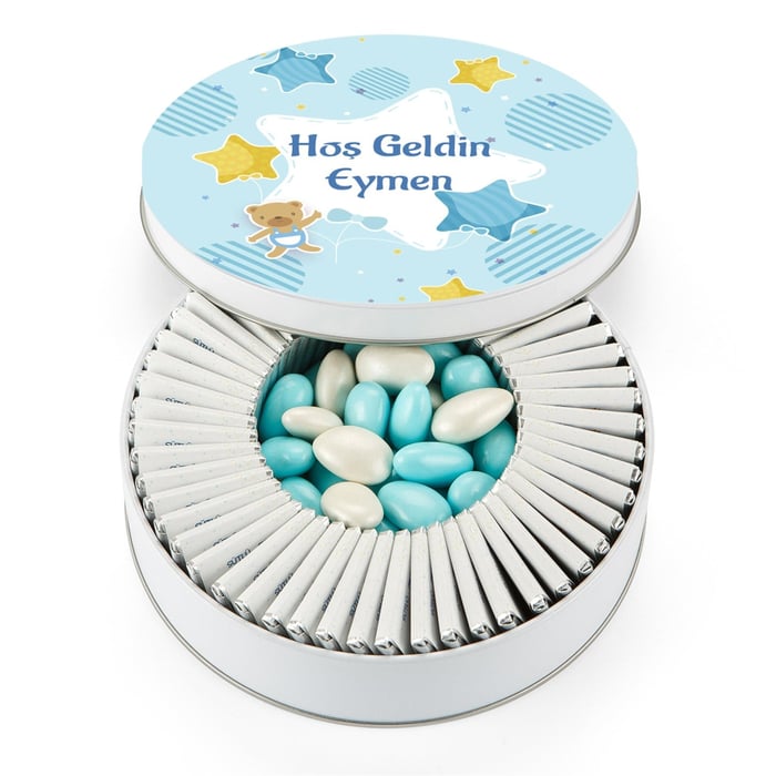 İsme Özel Erkek Bebek Çikolatası Yuvarlak Kutu