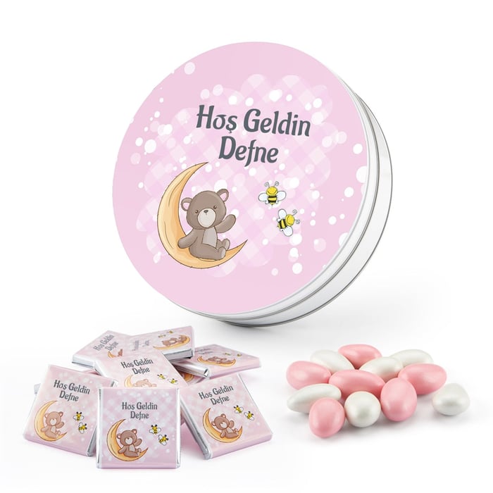 İsme Özel Kız Bebek Çikolatası Yuvarlak Kutu