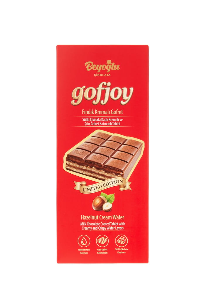 Beyoğlu Çikolata Gofjoy-Çıtır Gofret Yapraklı Enfes GofretBeyoğlu Çikolata Gofjoy Sütlü Çikolata Kaplı Çıtır Gofret Tablet 150 Gr.