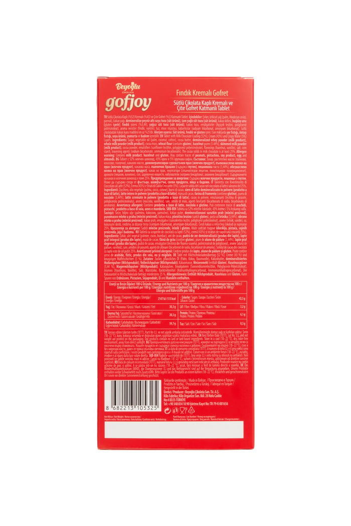 Beyoğlu Çikolata Gofjoy-Çıtır Gofret Yapraklı Enfes GofretBeyoğlu Çikolata Gofjoy Sütlü Çikolata Kaplı Çıtır Gofret Tablet 150 Gr.