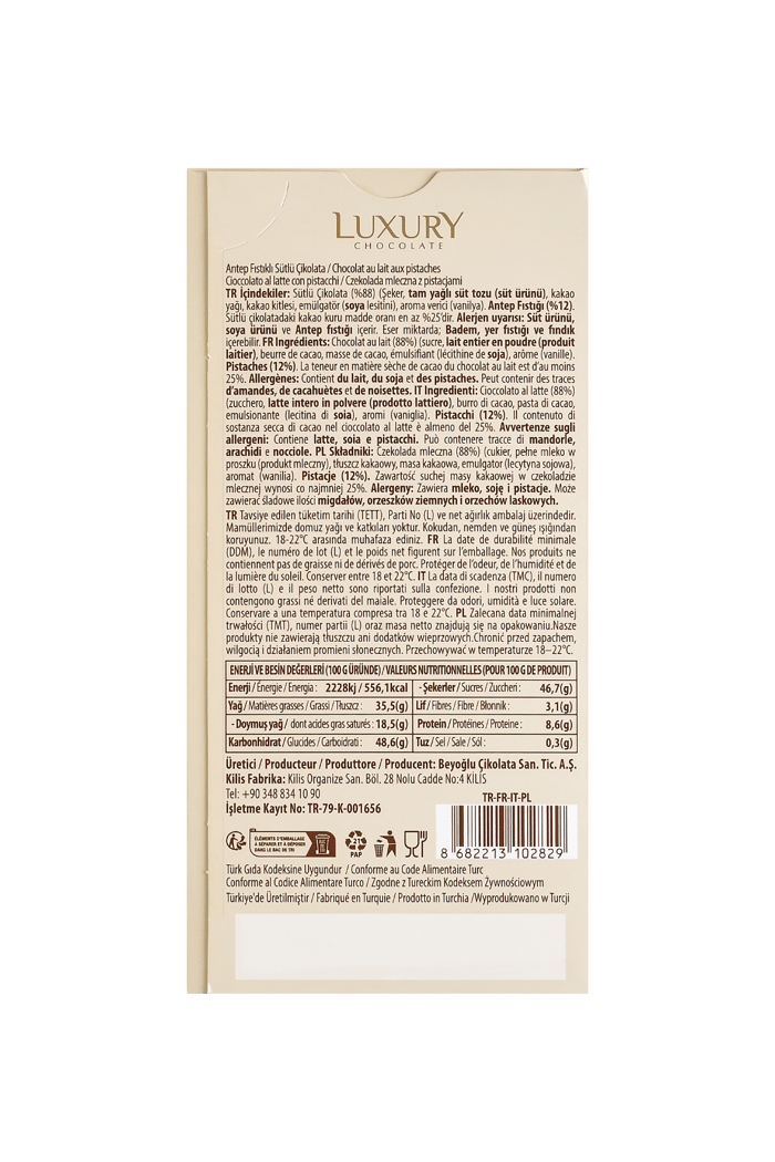 Beyoğlu Chocolate Luxury Pistachio Chocolate Bar 65 Gr.