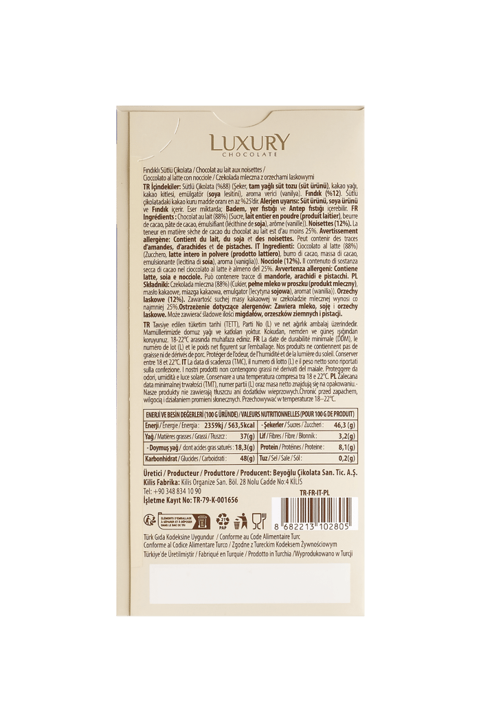 Beyoğlu Chocolate Luxury Hazelnut Chocolate Bar 65 Gr.