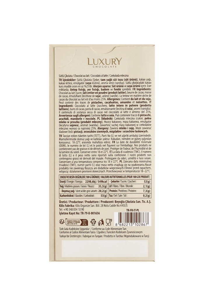 Beyoğlu Çikolata Luxury Sütlü Tablet Çikolata 65 Gr.