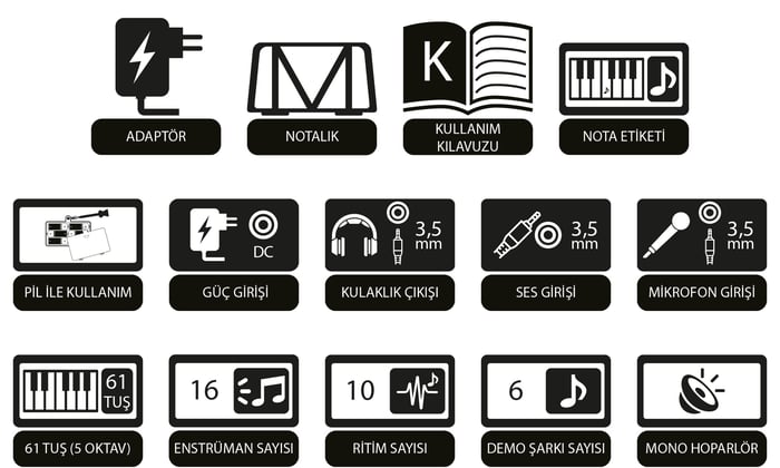 Jwin MK-1261B 61 Tuşlu Elektronik Org (Etiket. Adaptör Hediye)