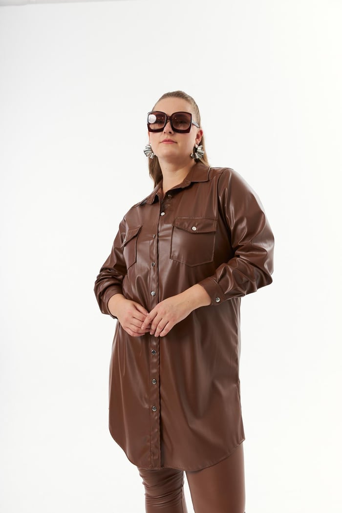 Büyük Beden Deri Gömlek Tunik Camel