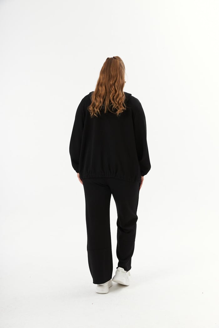 Büyük Beden Kapüşon ve Fermuarlı Sweatshirt Siyah