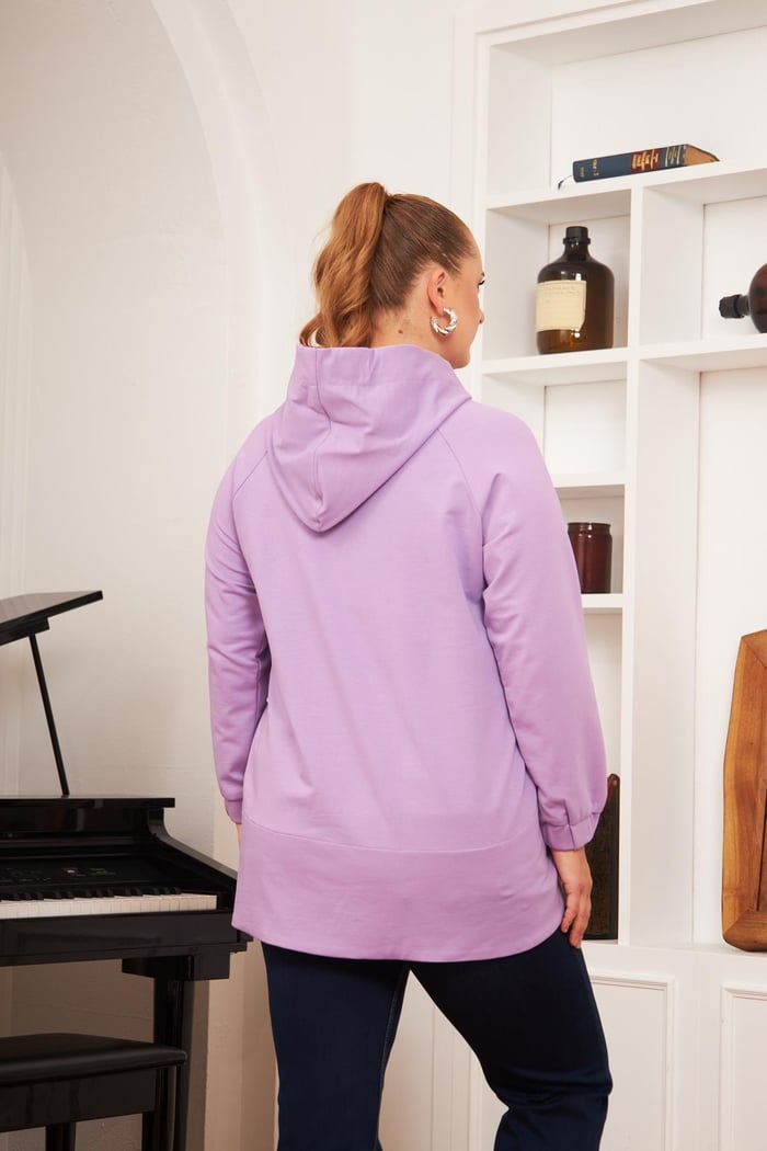 Büyük Beden Süslemeli Bağcıklı Kordon Sweatshirt Lila