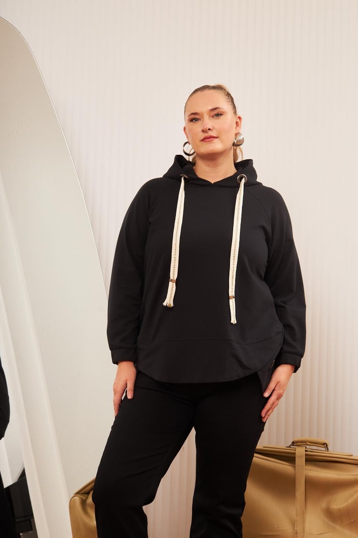 Büyük Beden Süslemeli Bağcıklı Kordon Sweatshirt Mavi