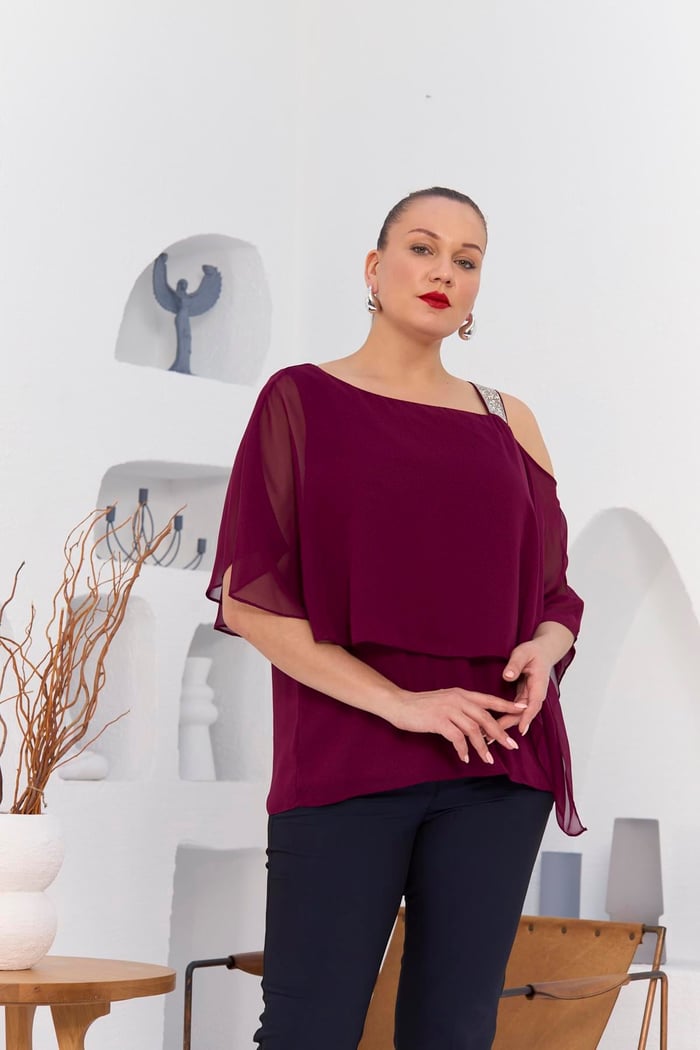 Rmg Omuz Taş Detay İçlikli Şifon Büyük Beden Bluz Violet