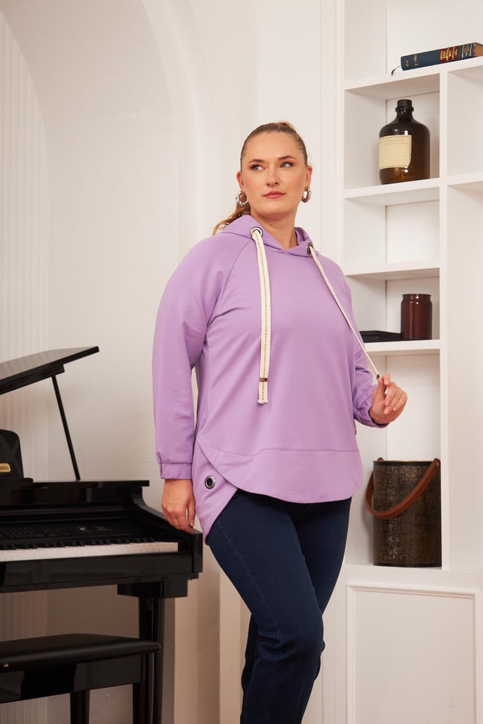 Büyük Beden Süslemeli Bağcıklı Kordon Sweatshirt Lila