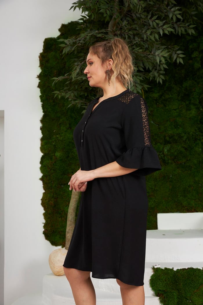 Rmg Omuz Ve Kolları Dantelli Büyük Beden Siyah Elbise