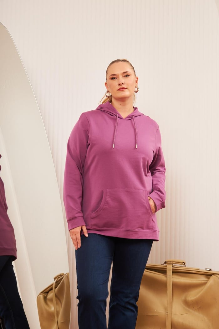 Rmg Kapşonlu Büyük Beden Mürdüm Sweatshirt