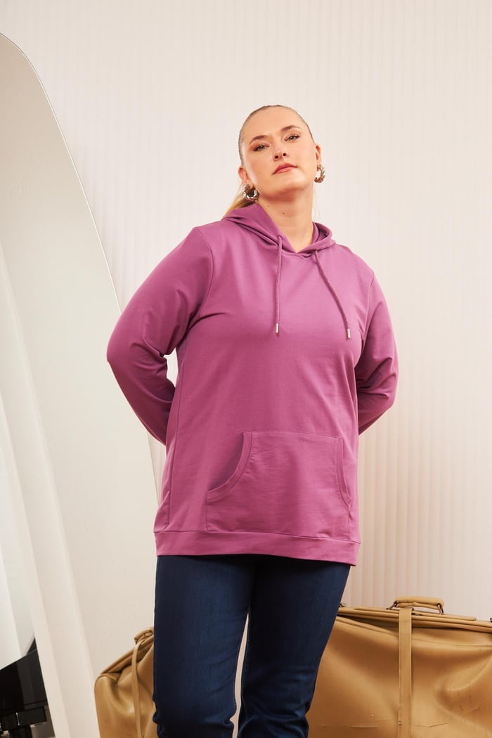 Rmg Kapşonlu Büyük Beden Mürdüm Sweatshirt