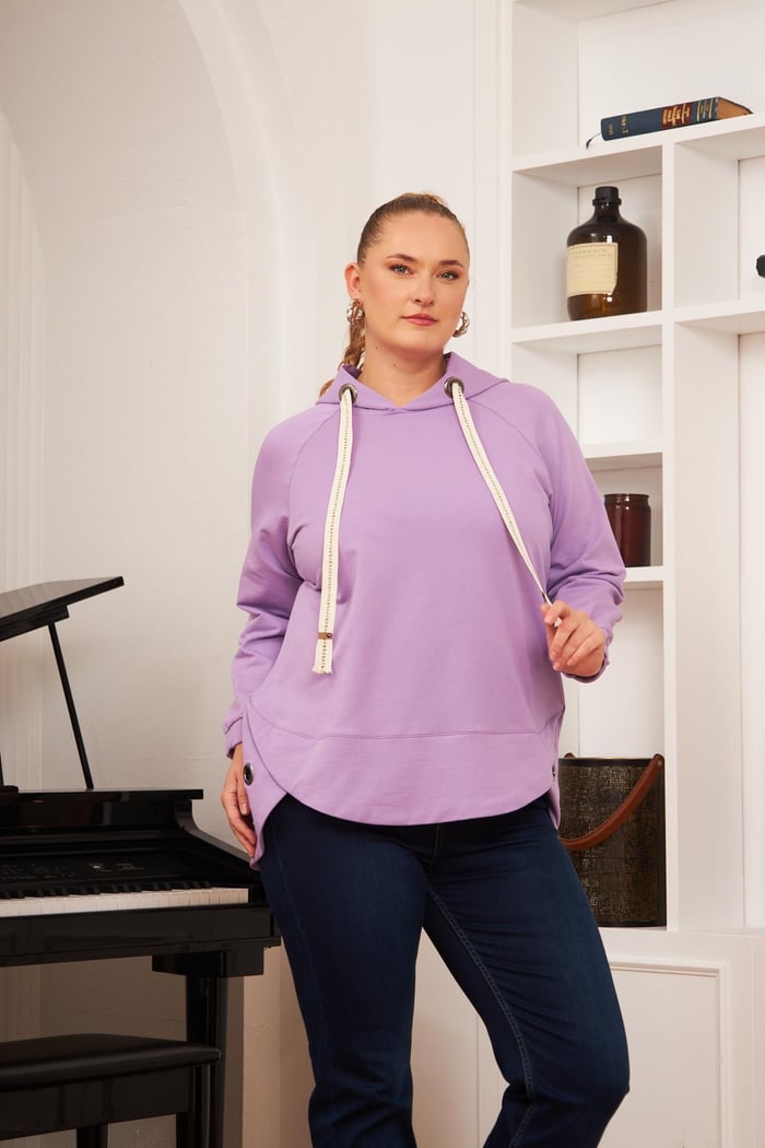 Büyük Beden Süslemeli Bağcıklı Kordon Sweatshirt Lila