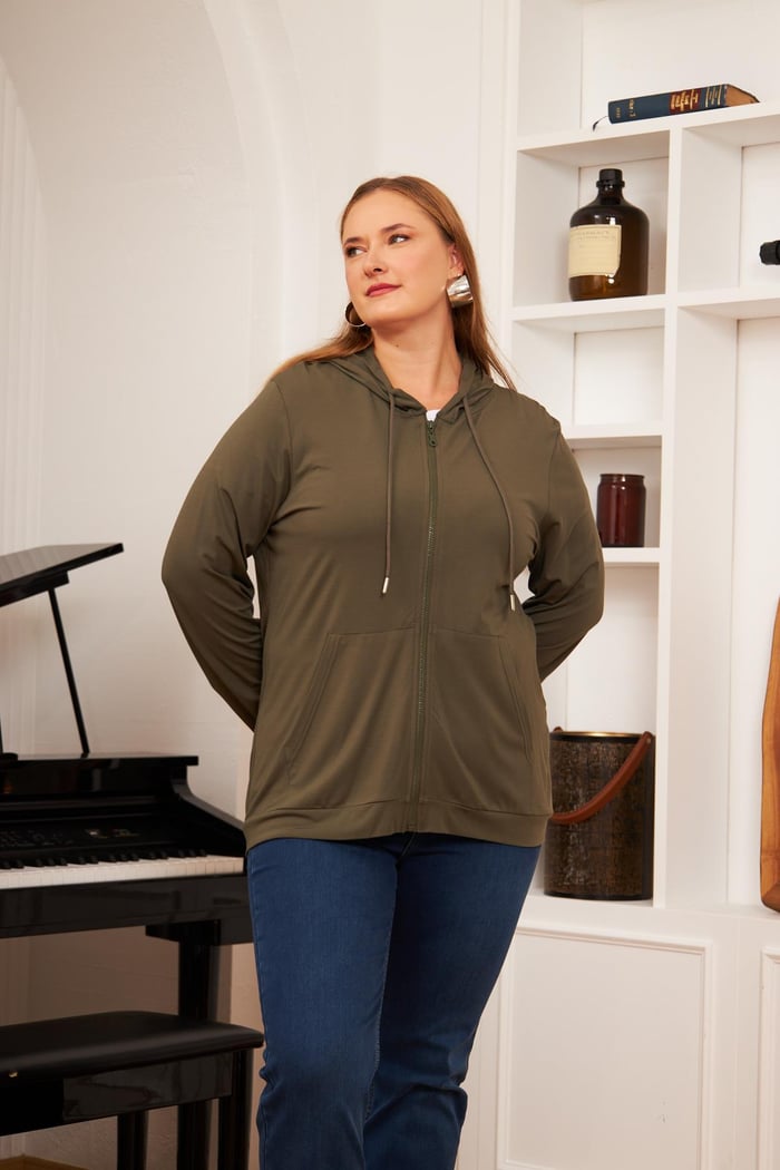 Büyük Beden Modal Sweatshirt Hırka Haki