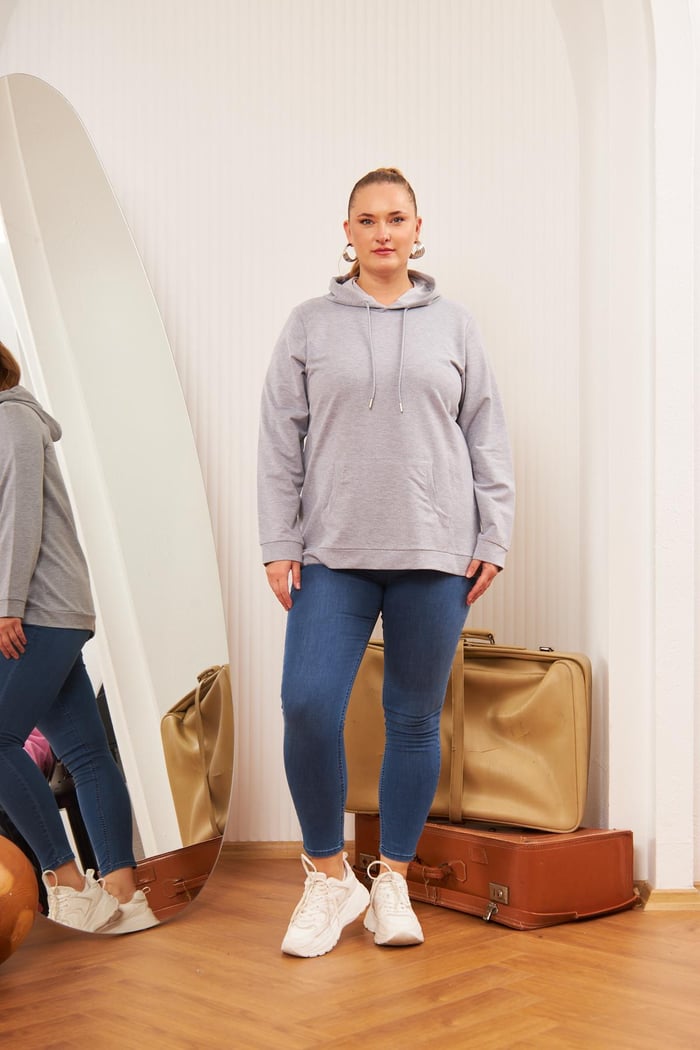 Rmg Kapşonlu Büyük Beden Gri Sweatshirt