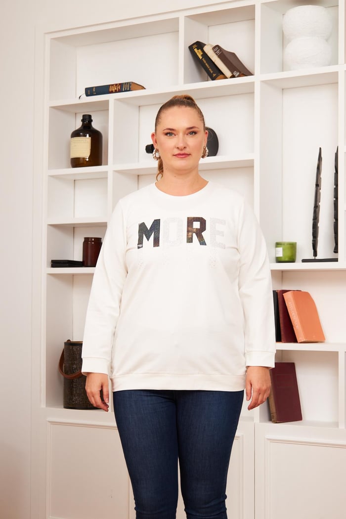 Büyük Beden More Taş Baskılı Sweatshirt Ekru