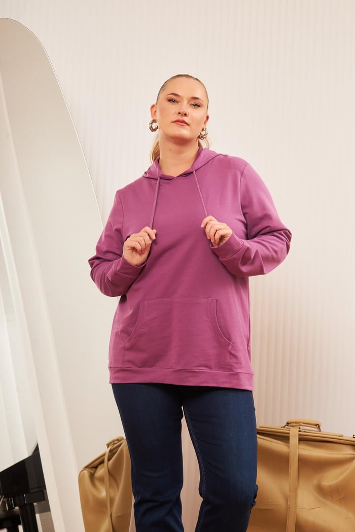 Rmg Kapşonlu Büyük Beden Mürdüm Sweatshirt